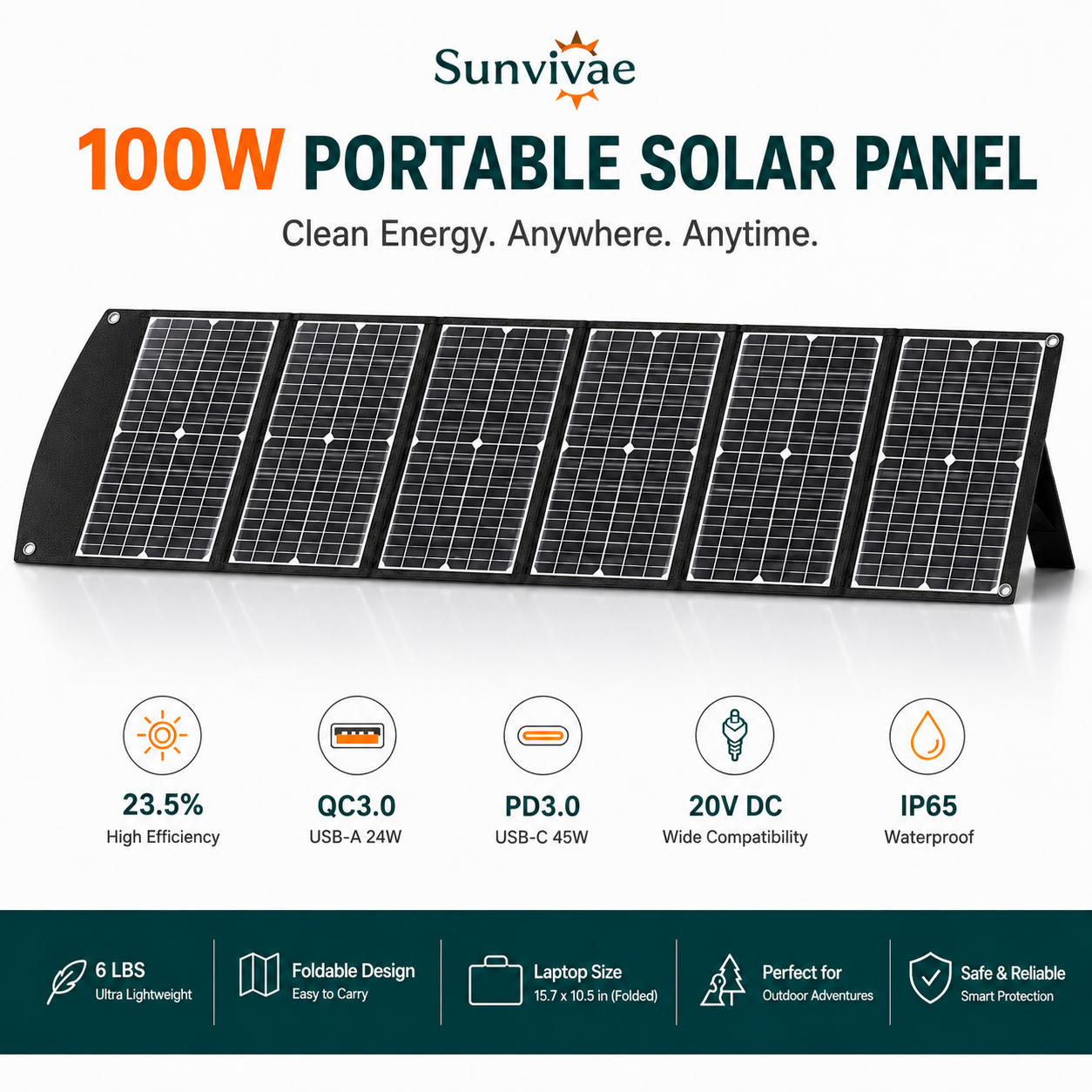 Sunvivae 100W Foldable Portable Solar Panel | USB-C PD 45W, XT60 & Anderson, IP65 Waterproof for Camping, RV & Power Stations