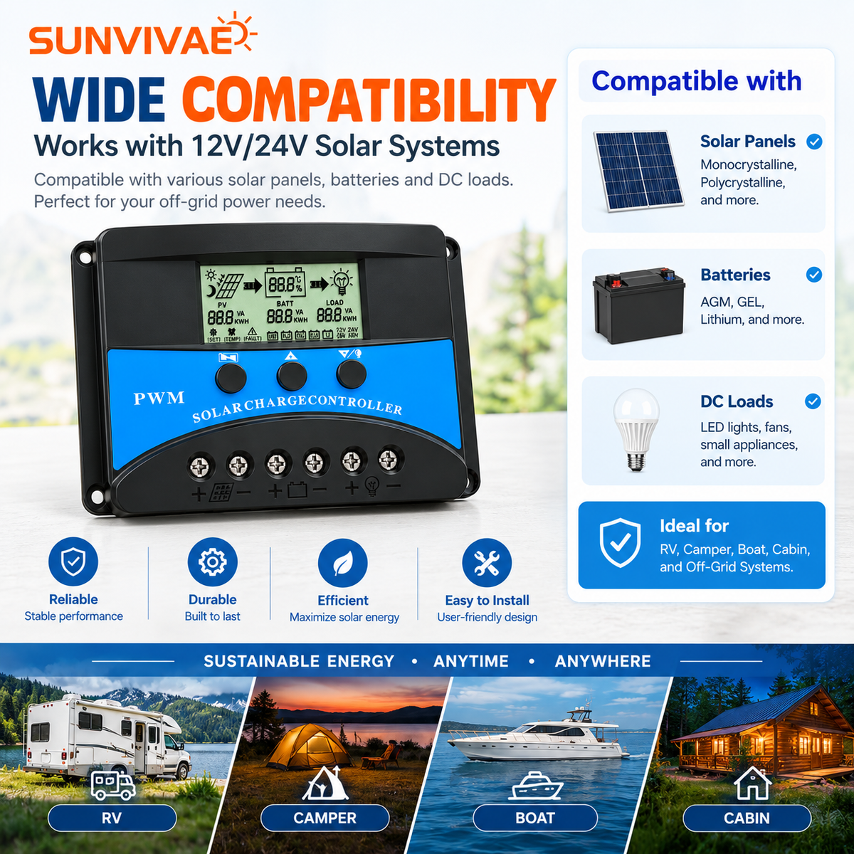 Compatible solar panels batteries and DC loads for 12V and 24V solar controller