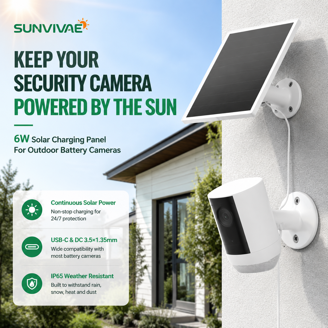 Sunvivae 6W Solar Panel for Ring Cameras | USB-C & Barrel Plug