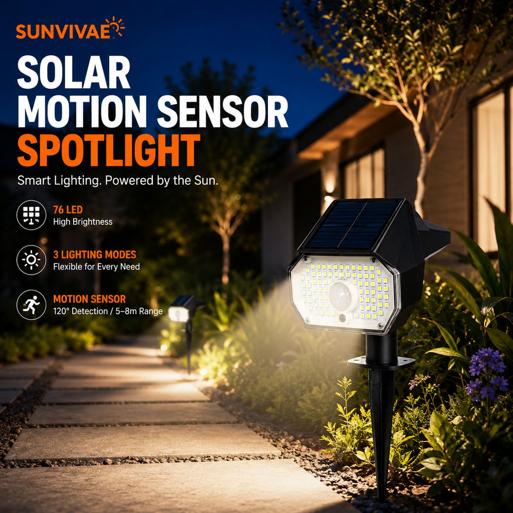 Sunvivae 76 LED Solar Motion Sensor Spotlight | 3 Modes, IP65