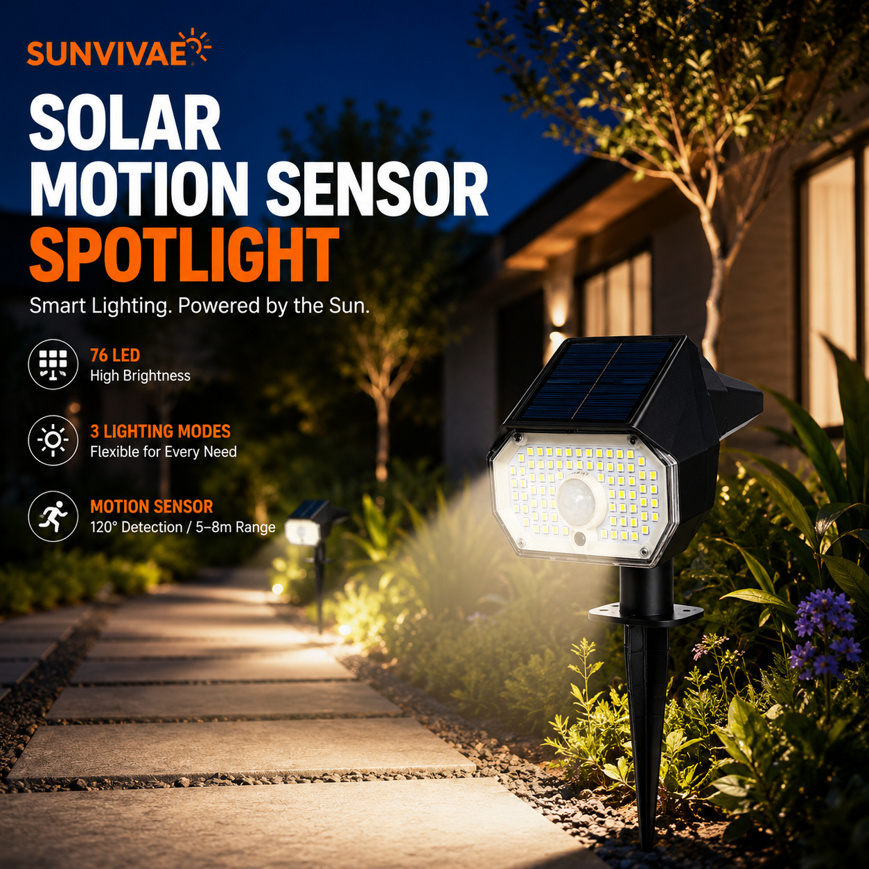 Sunvivae 76 LED Solar Motion Sensor Spotlight | 3 Modes, IP65