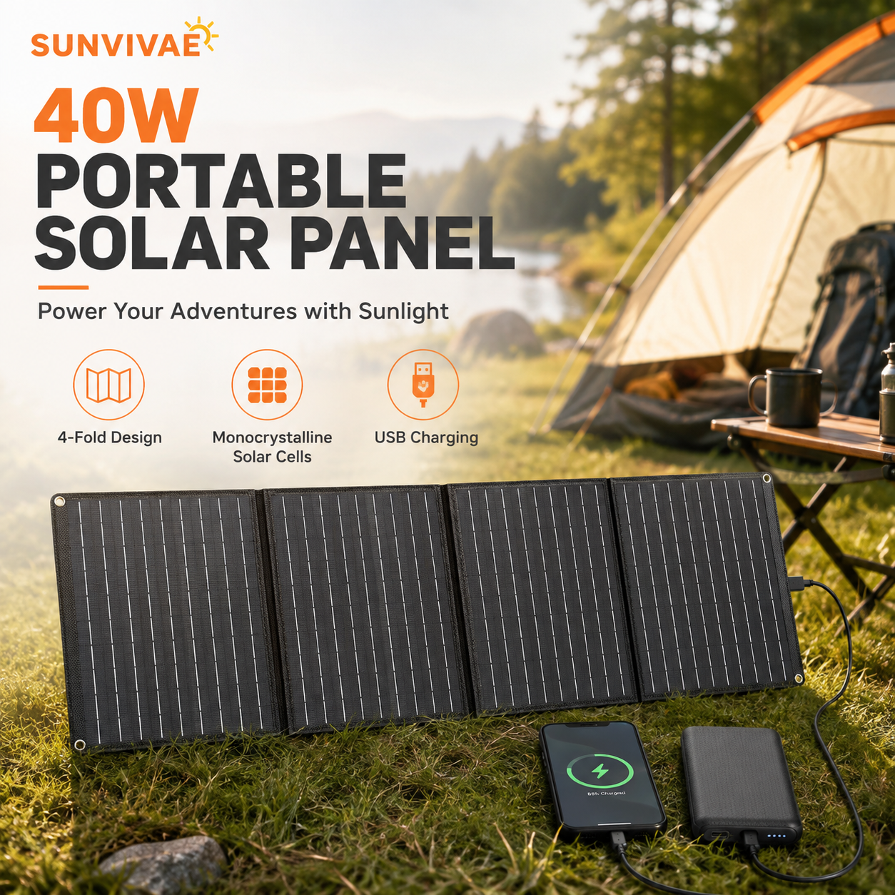 Sunvivae 40W Portable Solar Panel | 4-Fold USB Charger for Camping & Hiking