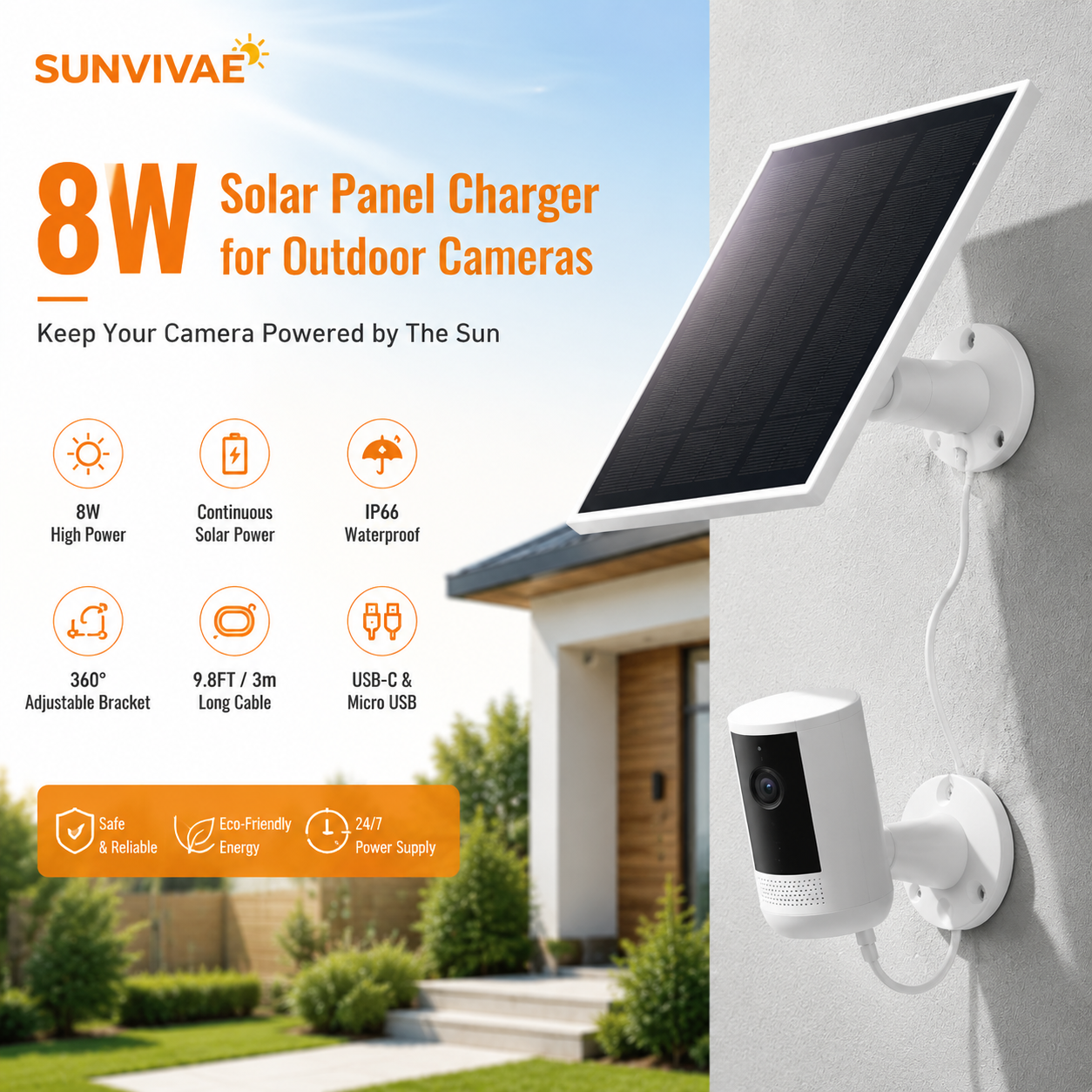 Sunvivae 8W Solar Panel for Bird Feeder & Battery Cameras | USB-C & Micro USB