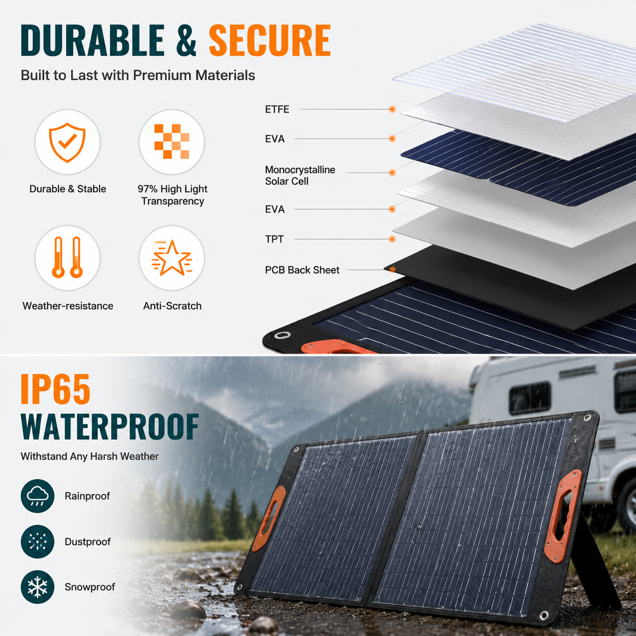 Sunvivae 100W foldable solar panel with ETFE construction and IP65 protection