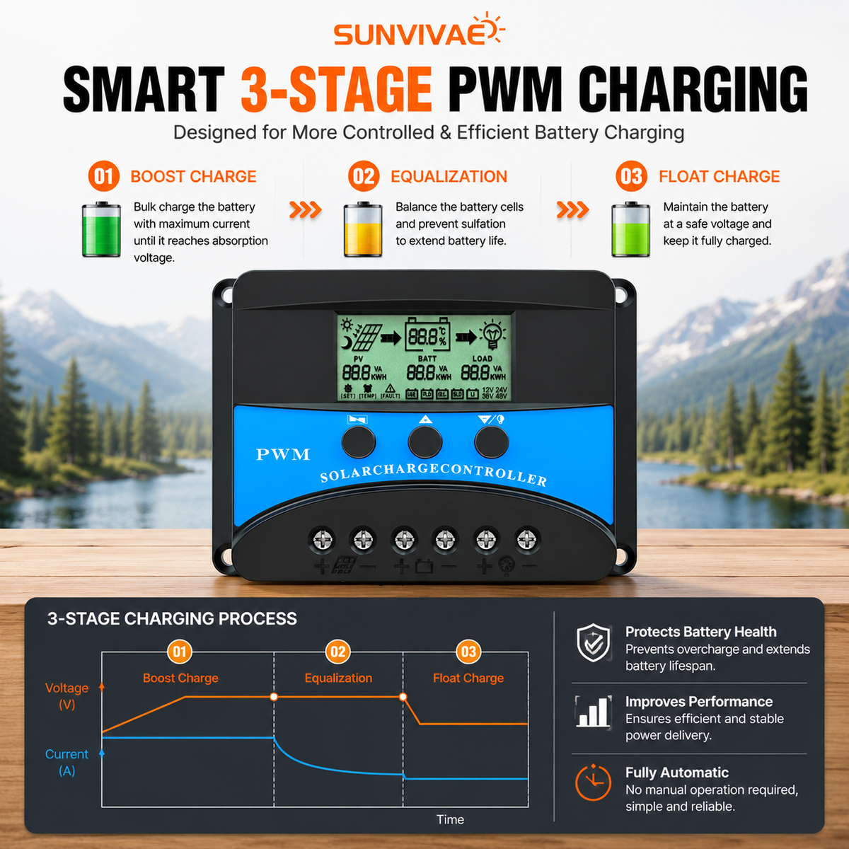 Three-stage PWM solar battery charging process
