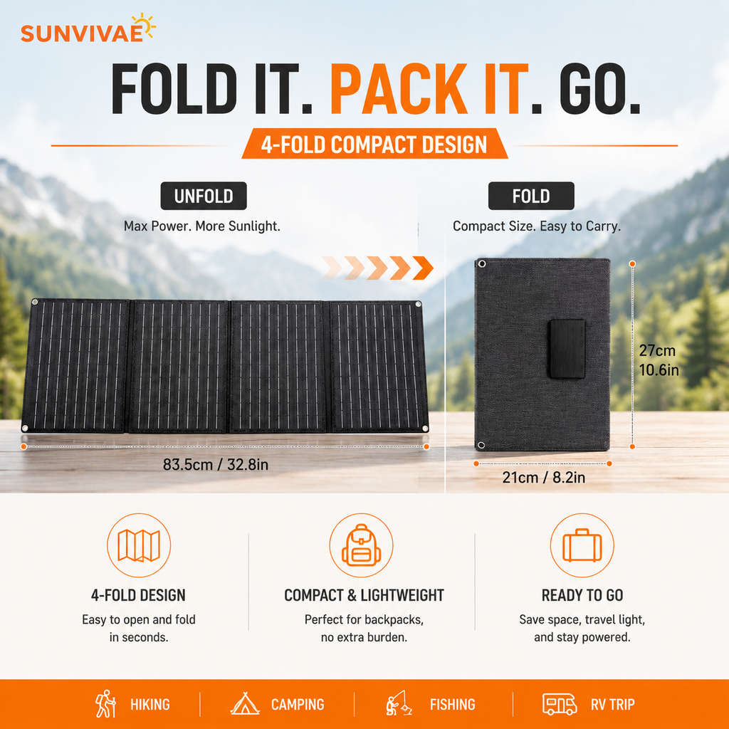 Sunvivae 40W Portable Solar Panel | 4-Fold USB Charger for Camping & Hiking