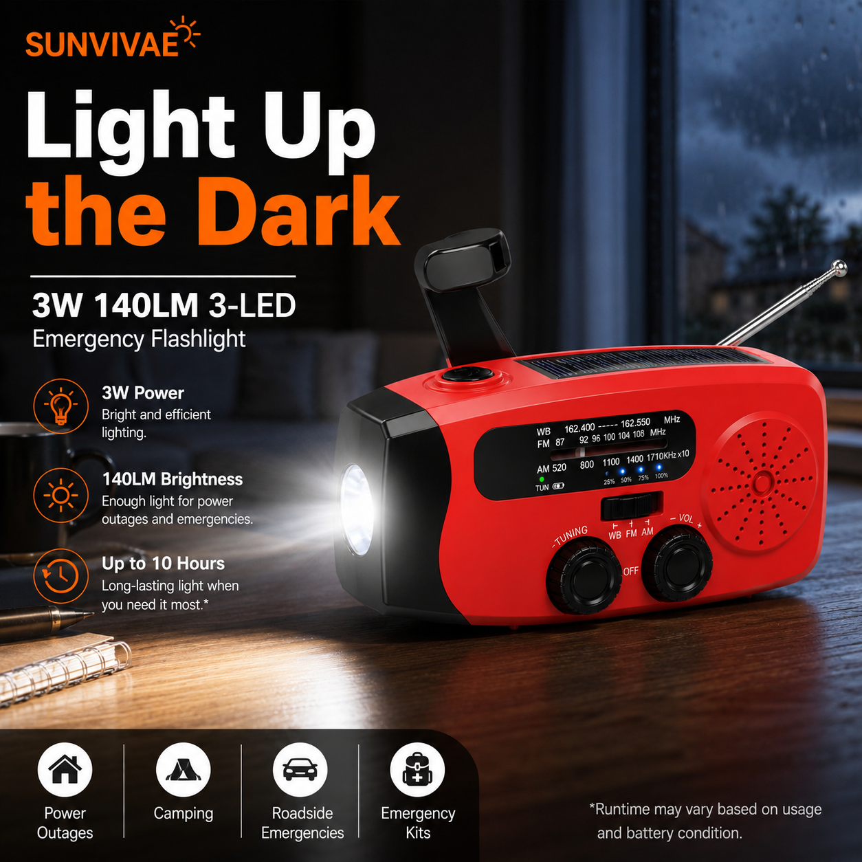 3W three LED flashlight on the emergency weather radio