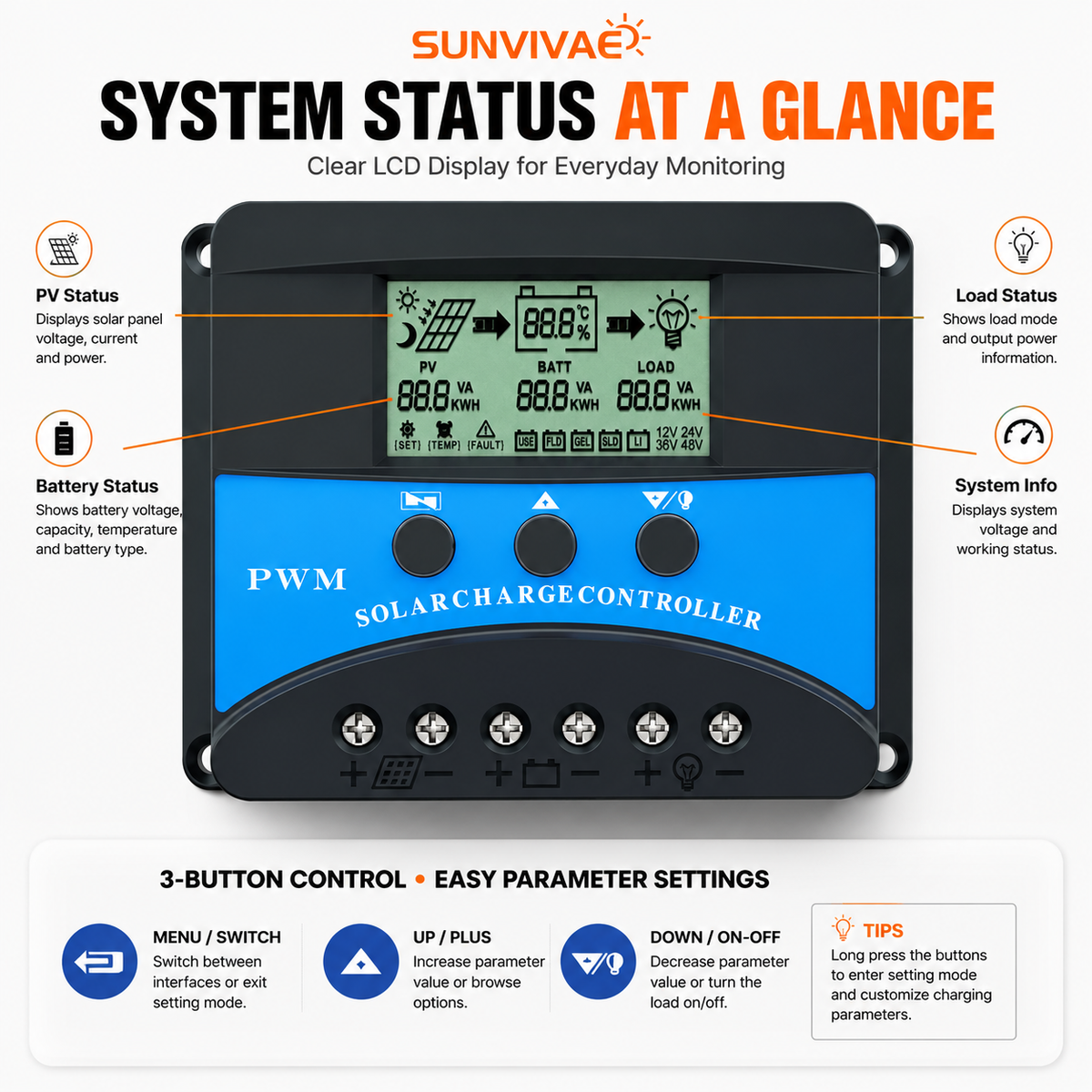 LCD display and three-button controls on Sunvivae 30A PWM solar controller