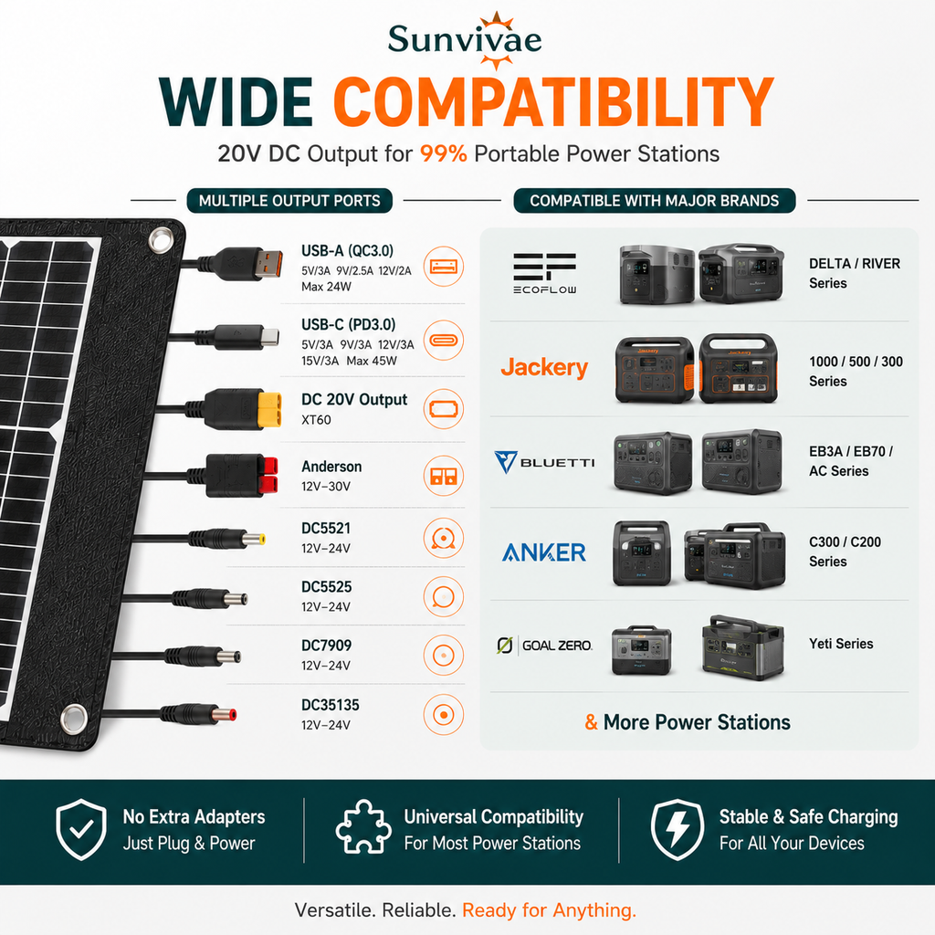 Sunvivae 100W Foldable Portable Solar Panel | USB-C PD 45W, XT60 & Anderson, IP65 Waterproof for Camping, RV & Power Stations