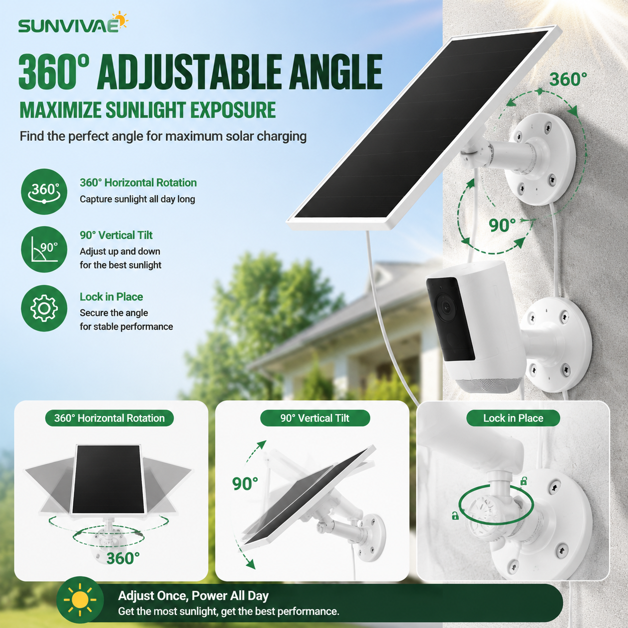 Sunvivae solar panel with 360 degree horizontal rotation and 90 degree tilt adjustment