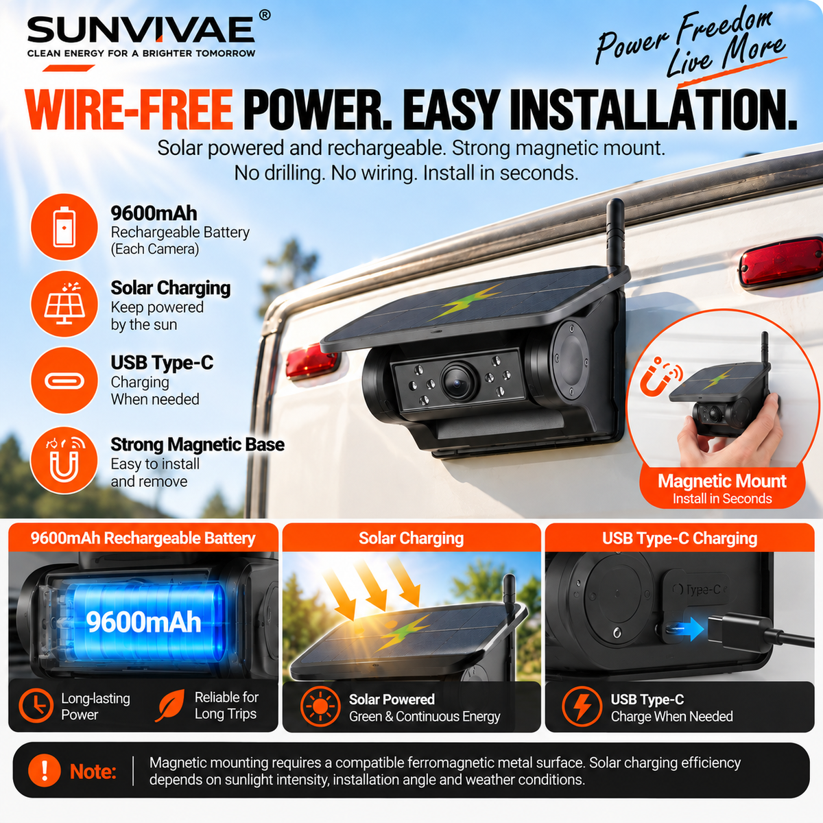 Solar-powered magnetic wireless backup camera with 9600mAh battery and Type-C charging