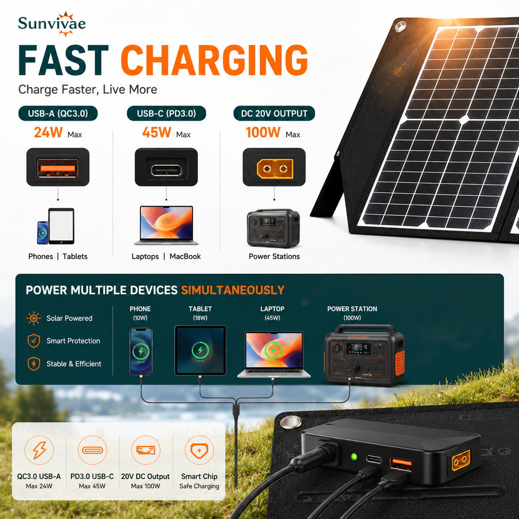 Sunvivae 100W Foldable Portable Solar Panel | USB-C PD 45W, XT60 & Anderson, IP65 Waterproof for Camping, RV & Power Stations