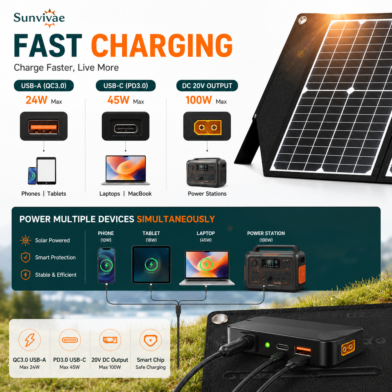 Sunvivae 100W Foldable Portable Solar Panel | USB-C PD 45W, XT60 & Anderson, IP65 Waterproof for Camping, RV & Power Stations