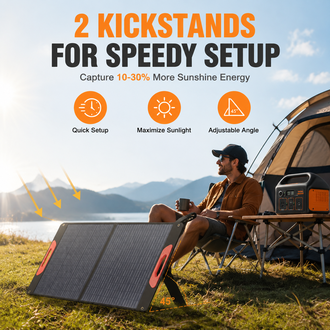 Sunvivae foldable solar panel with two kickstands for outdoor setup