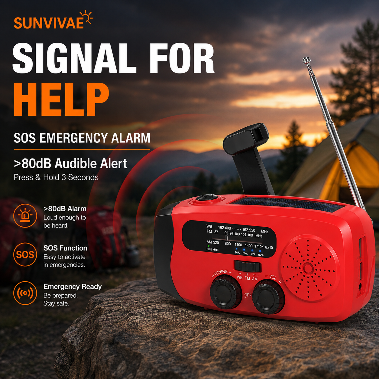 Emergency radio SOS audible alarm for signaling for help