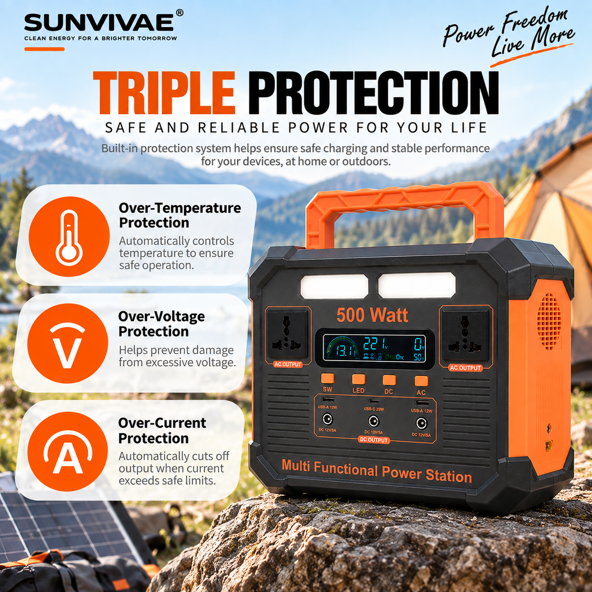 SUNVIVAE portable power station built-in safety protection features