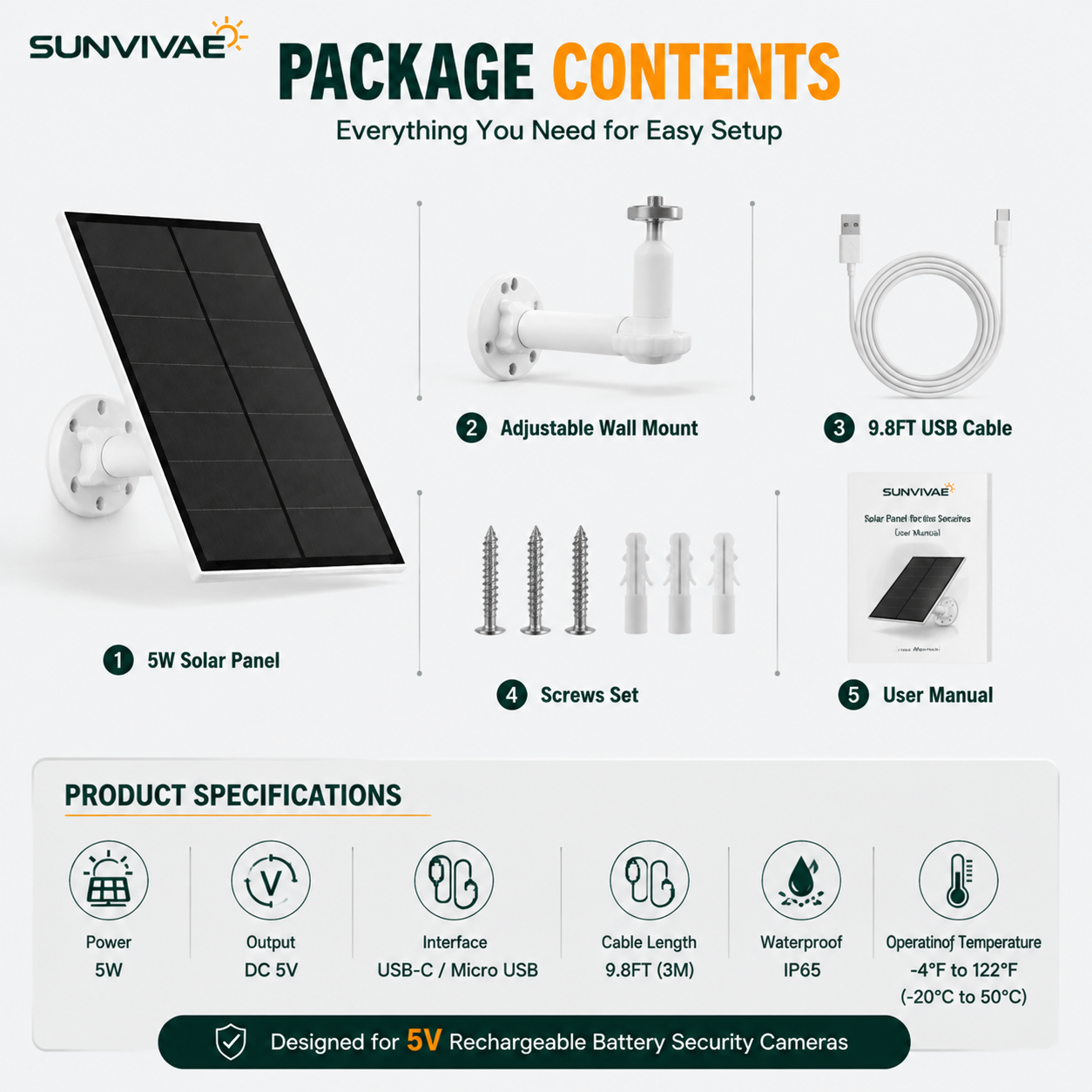 Sunvivae 5W Solar Panel for Battery Security Cameras