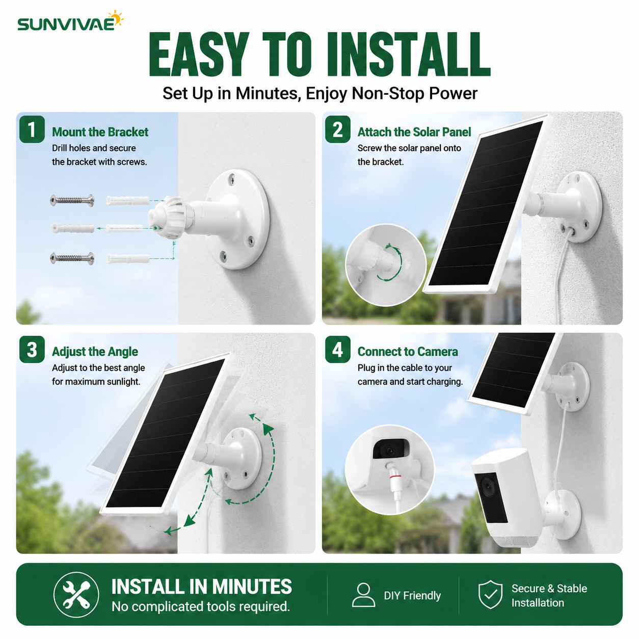 Four-step installation guide for the Sunvivae security camera solar panel