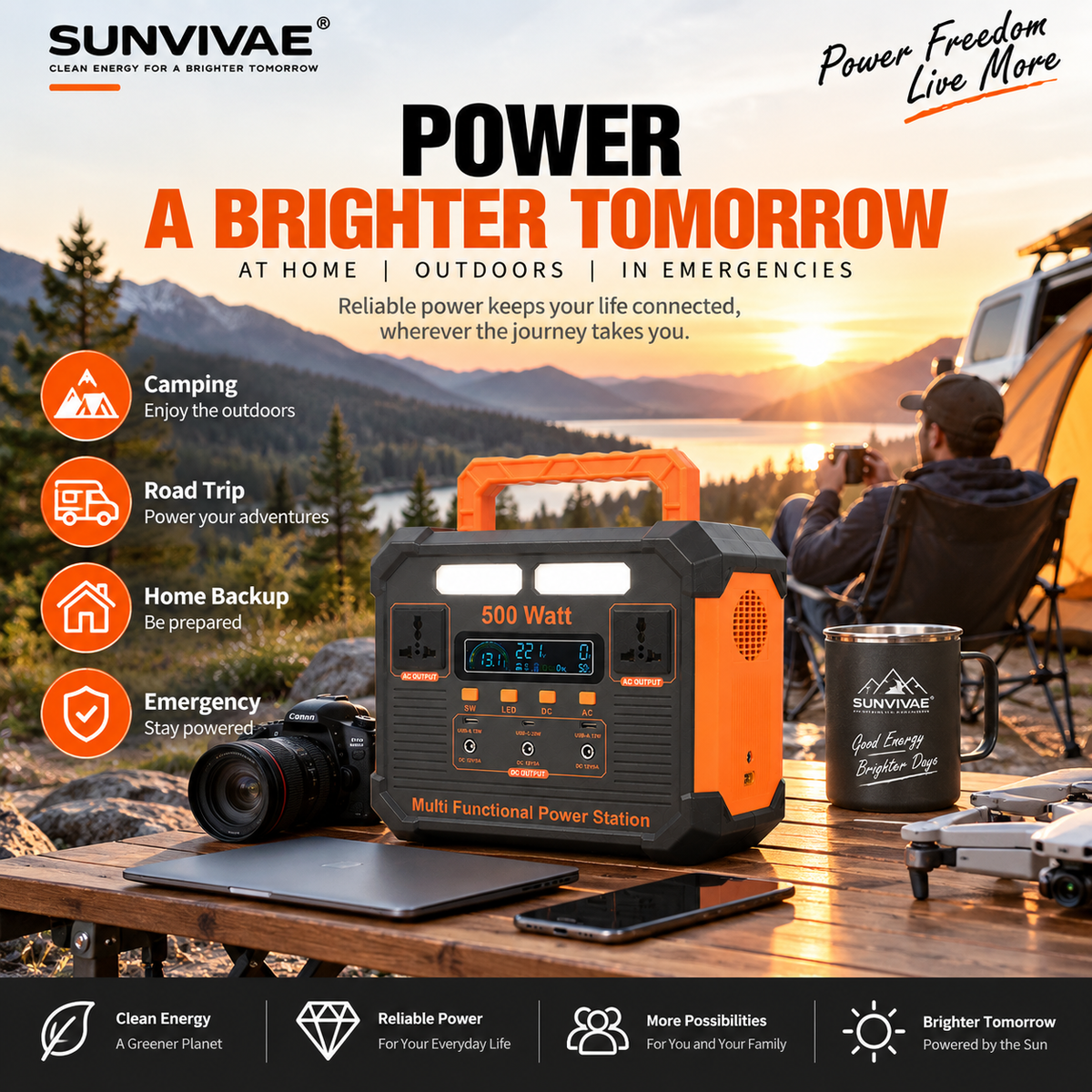 SUNVIVAE portable power station for camping road trips home backup and emergencies