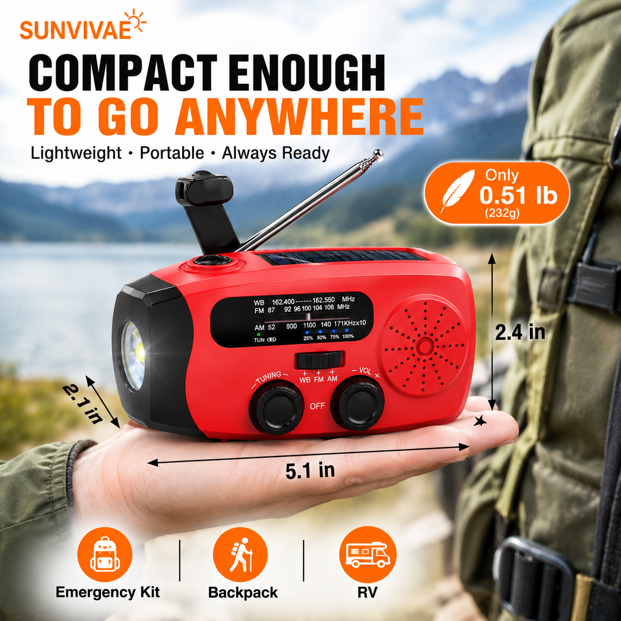 Compact lightweight emergency weather radio for backpack RV and emergency kit