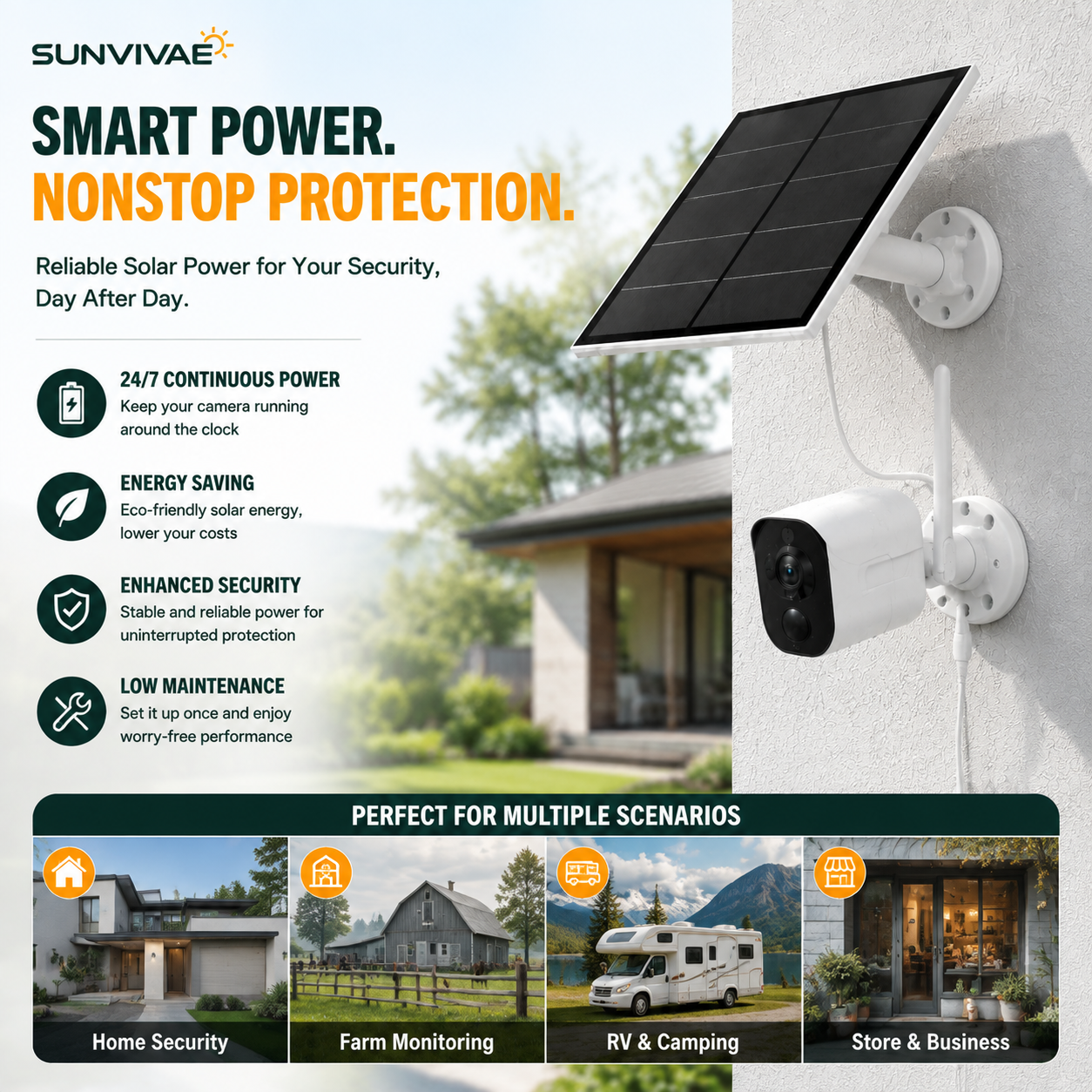 Sunvivae camera solar panel for homes, farms, RV sites and small businesses