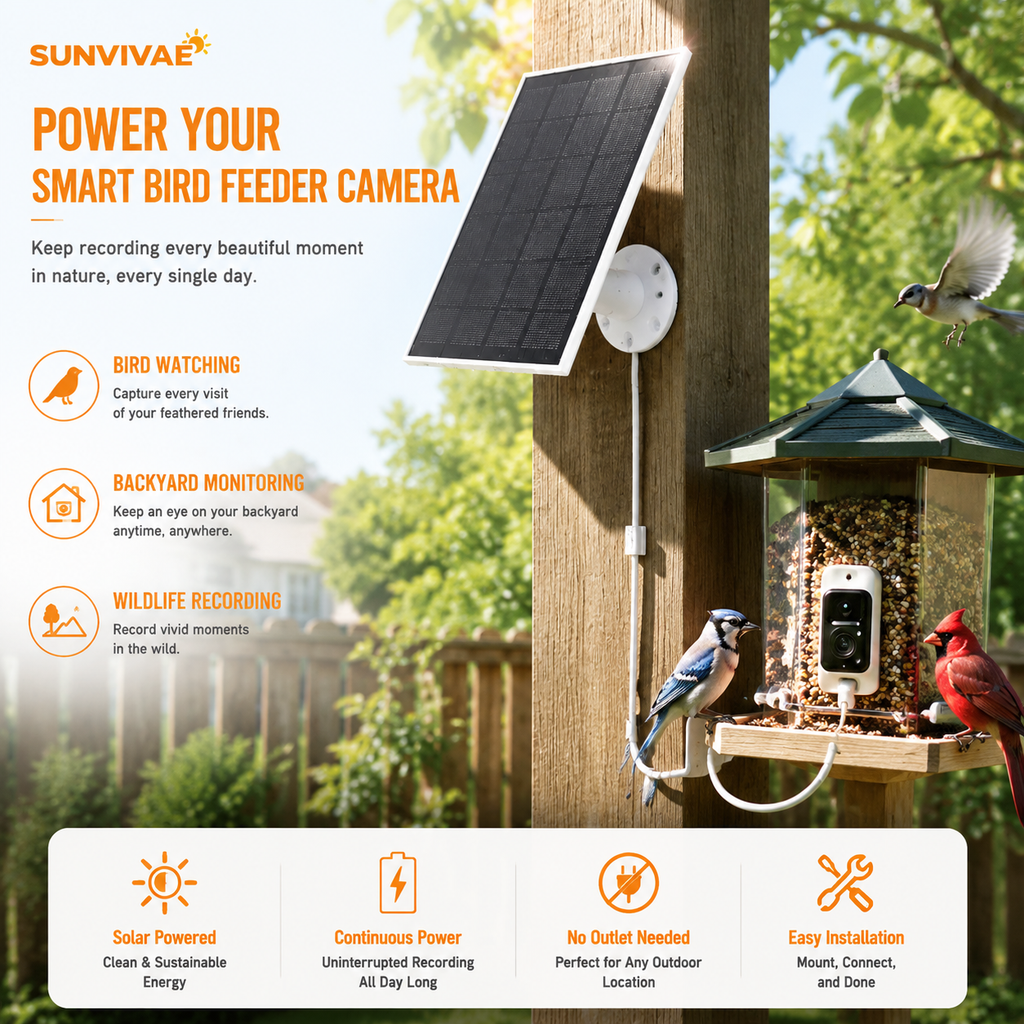 Sunvivae 8W Solar Panel for Bird Feeder & Battery Cameras | USB-C & Micro USB