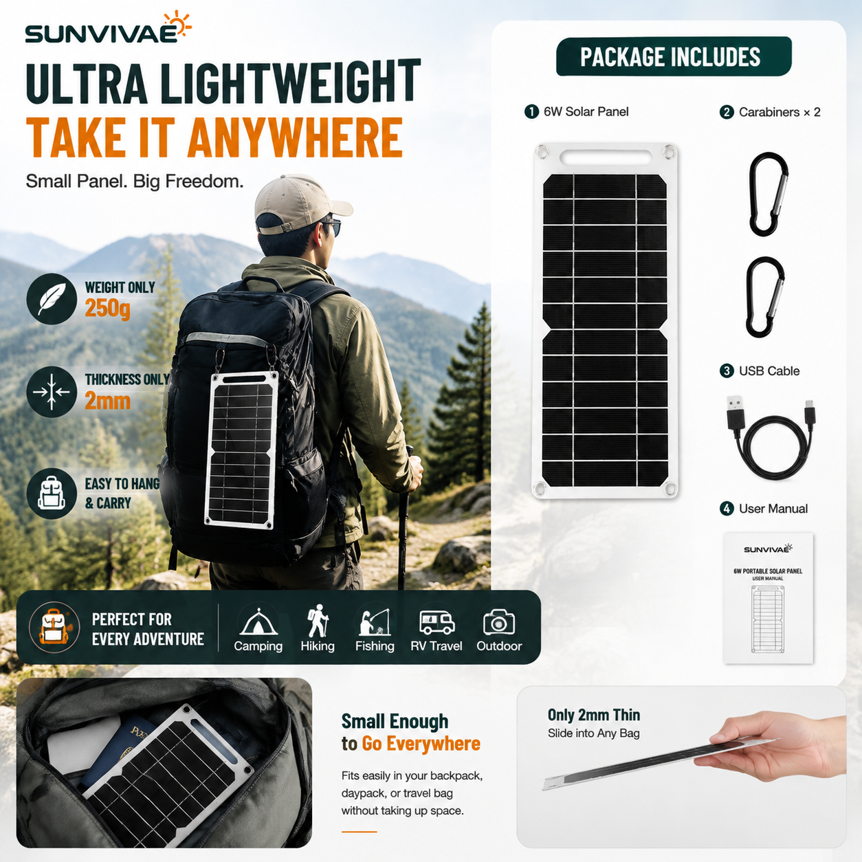 Sunvivae 6W Portable USB Solar Panel for Small Devices