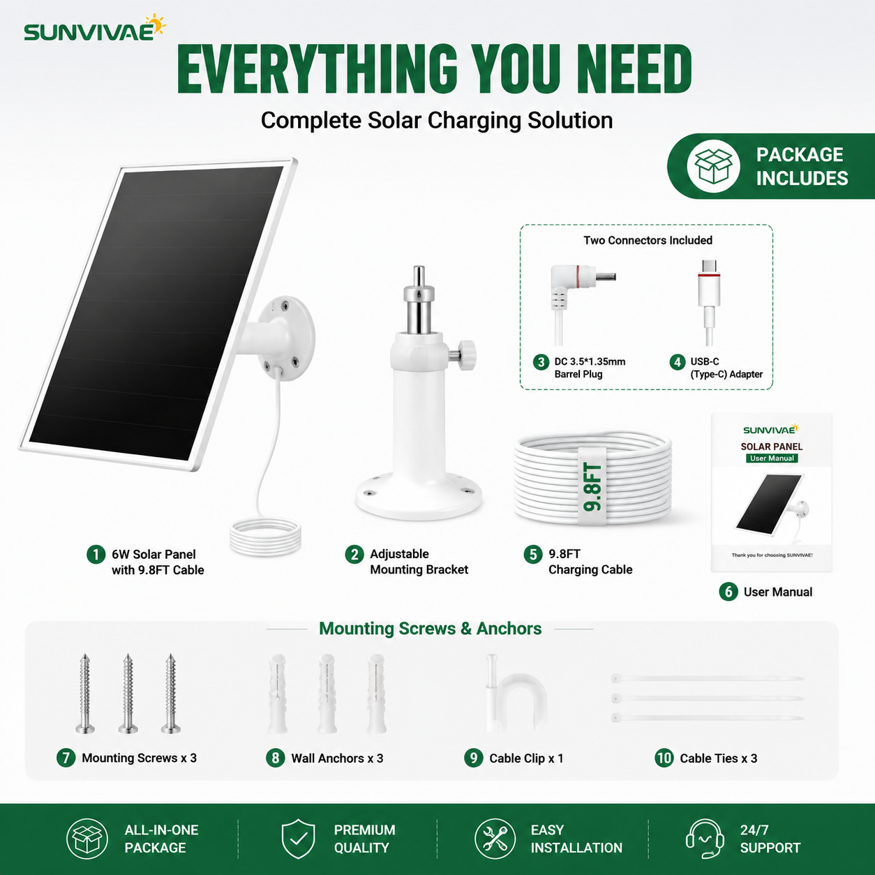 Sunvivae 6W solar panel package contents including mount cable adapters hardware and manual