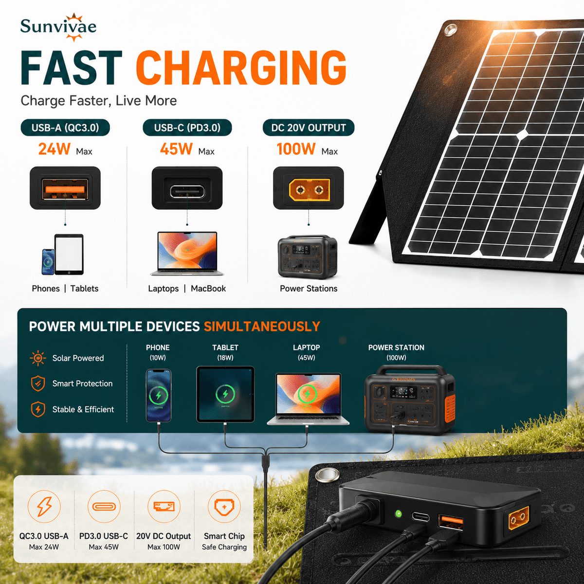Sunvivae 100W Foldable Solar Panel with USB-C PD 45W - Sunvivae