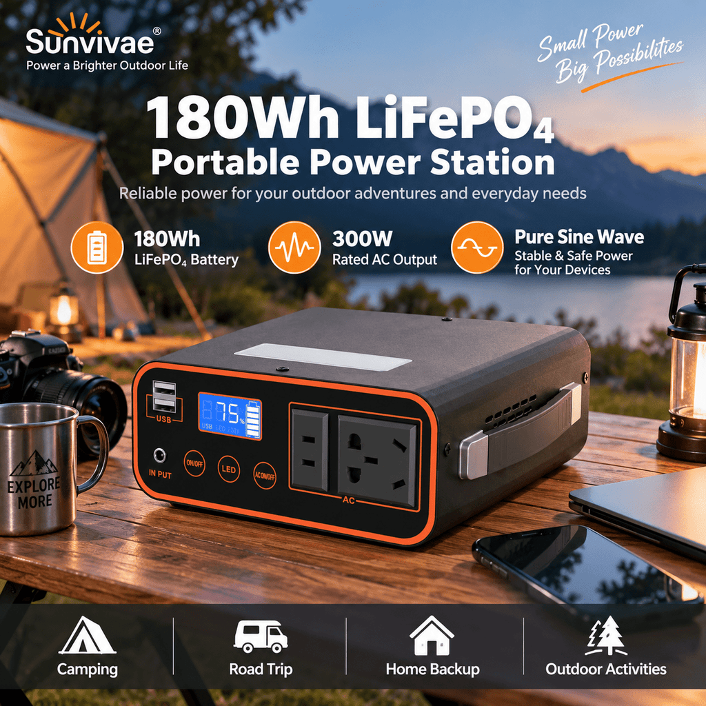 Sunvivae 180Wh LiFePO₄ Portable Power Station, 300W Pure Sine Wave - Sunvivae