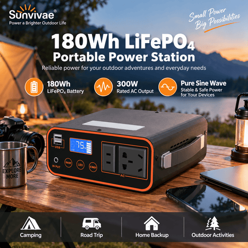 Sunvivae 180Wh LiFePO₄ Portable Power Station, 300W Pure Sine Wave - Sunvivae