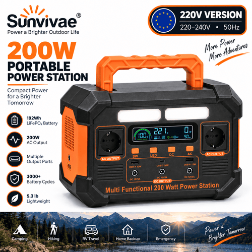 SUNVIVAE 192Wh LiFePO₄ Portable Power Station – 200W Outdoor Backup Power - Sunvivae