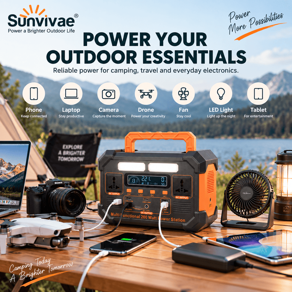 SUNVIVAE 192Wh LiFePO₄ Portable Power Station – 200W Outdoor Backup Power - Sunvivae