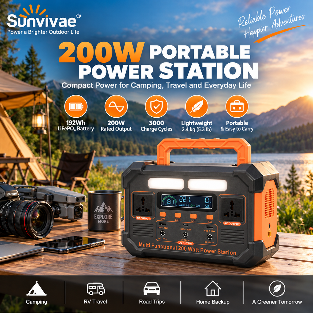 SUNVIVAE 192Wh LiFePO₄ Portable Power Station – 200W Outdoor Backup Power - Sunvivae