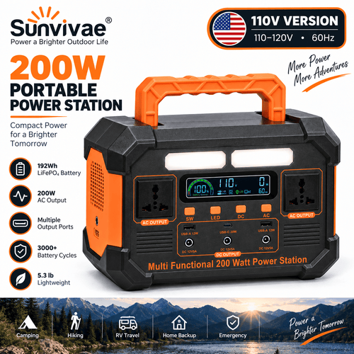 SUNVIVAE 192Wh LiFePO₄ Portable Power Station – 200W Outdoor Backup Power - Sunvivae