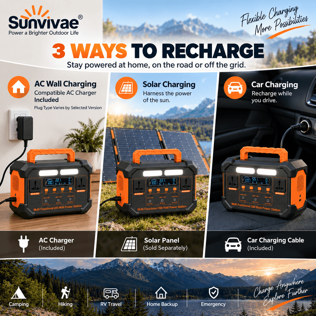 SUNVIVAE 192Wh LiFePO₄ Portable Power Station – 200W Outdoor Backup Power - Sunvivae