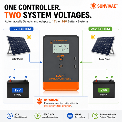 Sunvivae 20A MPPT Solar Charge Controller for 12V/24V Batteries with LCD & Dual USB - Sunvivae