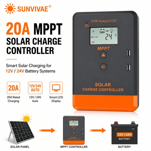Sunvivae 20A MPPT Solar Charge Controller for 12V/24V Batteries with LCD & Dual USB - Sunvivae