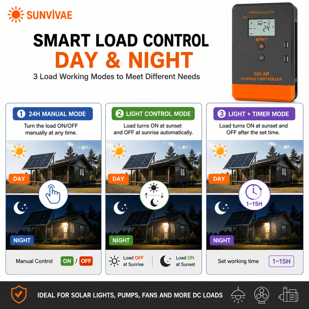 Sunvivae 20A MPPT Solar Charge Controller for 12V/24V Batteries with LCD & Dual USB - Sunvivae