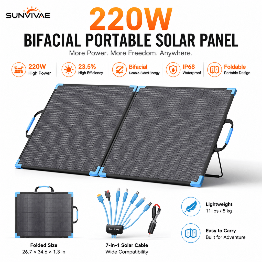 Sunvivae 220W Bifacial Portable Solar Panel with 7-in-1 Adapter Cable & 2 Reinforced Kickstands - Sunvivae