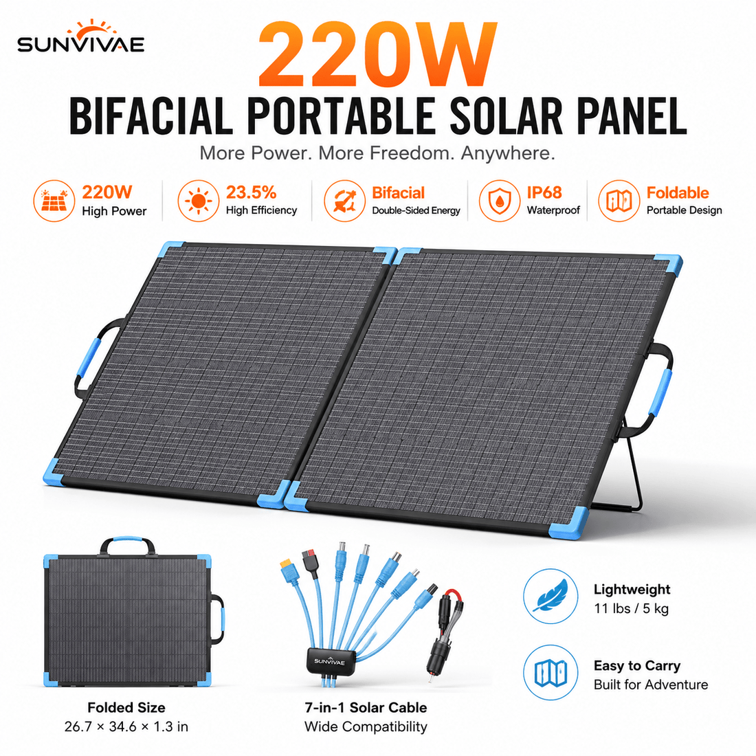 Sunvivae 220W Bifacial Portable Solar Panel with 7-in-1 Adapter Cable & 2 Reinforced Kickstands