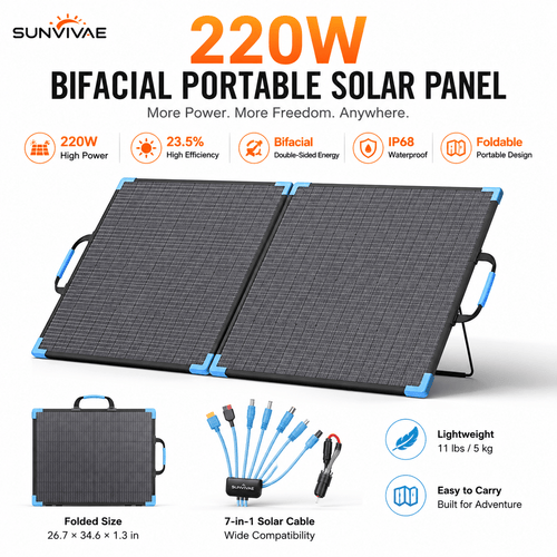 Sunvivae 220W Bifacial Portable Solar Panel with 7-in-1 Adapter Cable & 2 Reinforced Kickstands - Sunvivae