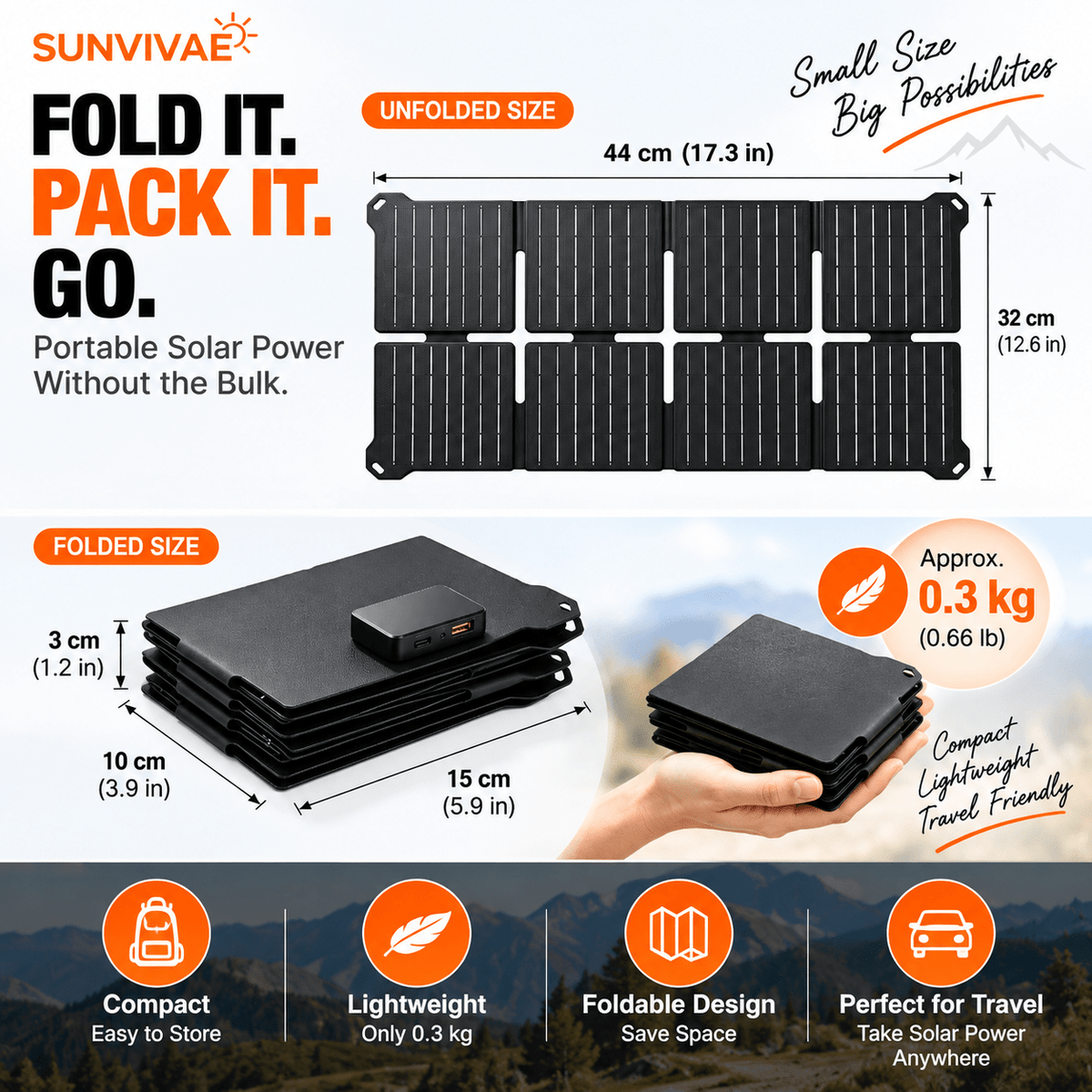 Sunvivae 25W Foldable Solar Panel with USB-C, USB-A & DC Output, IPX6 Water Resistant - Sunvivae