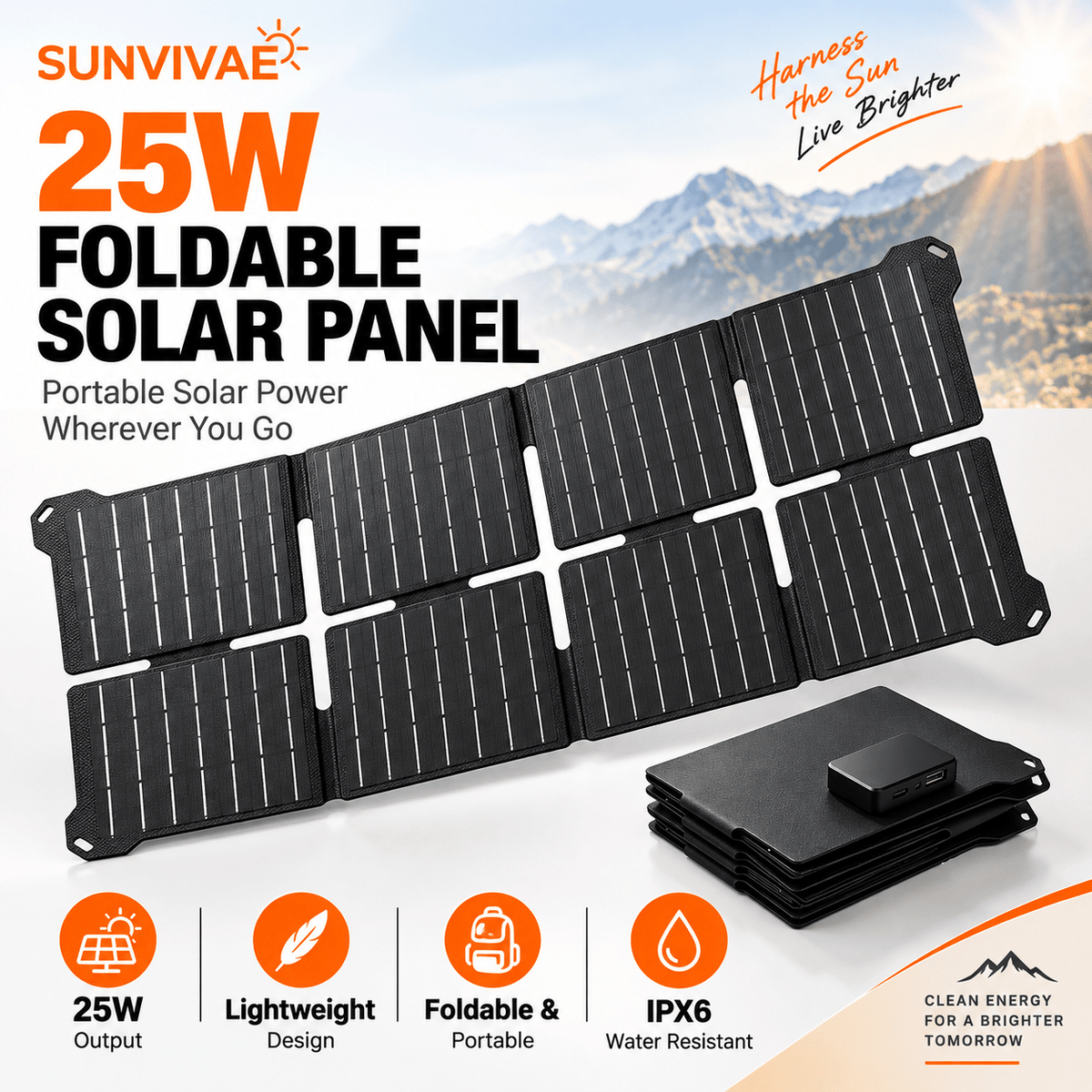 Sunvivae 25W Foldable Solar Panel with USB-C, USB-A & DC Output, IPX6 Water Resistant - Sunvivae