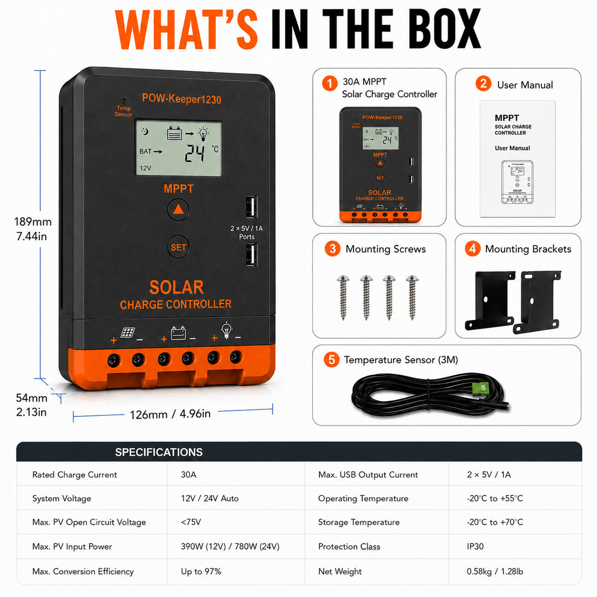 Sunvivae 30A MPPT Solar Charge Controller, 12V/24V Auto, 390W/780W with LCD & Dual USB - Sunvivae