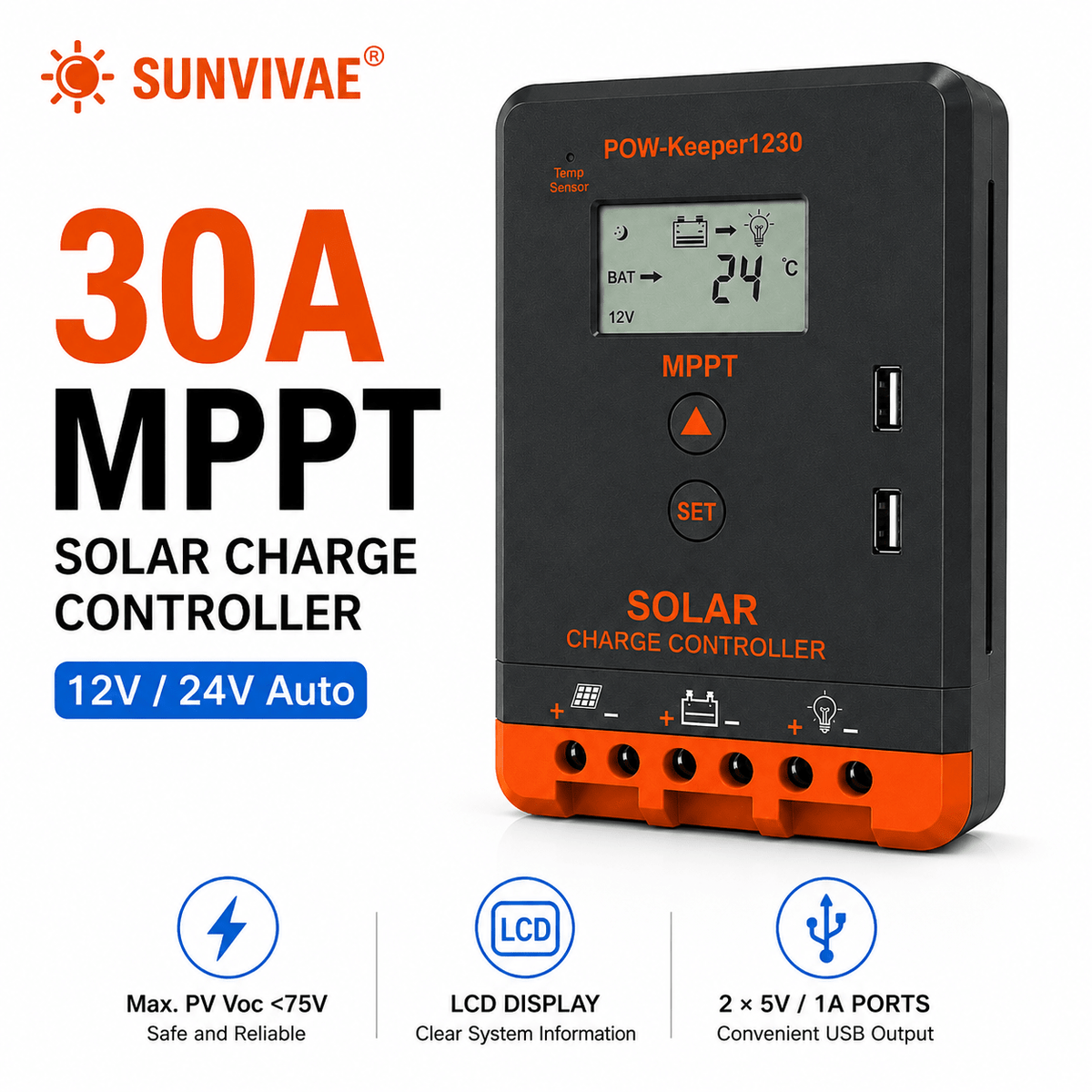 Sunvivae 30A MPPT Solar Charge Controller, 12V/24V Auto, 390W/780W with LCD & Dual USB - Sunvivae