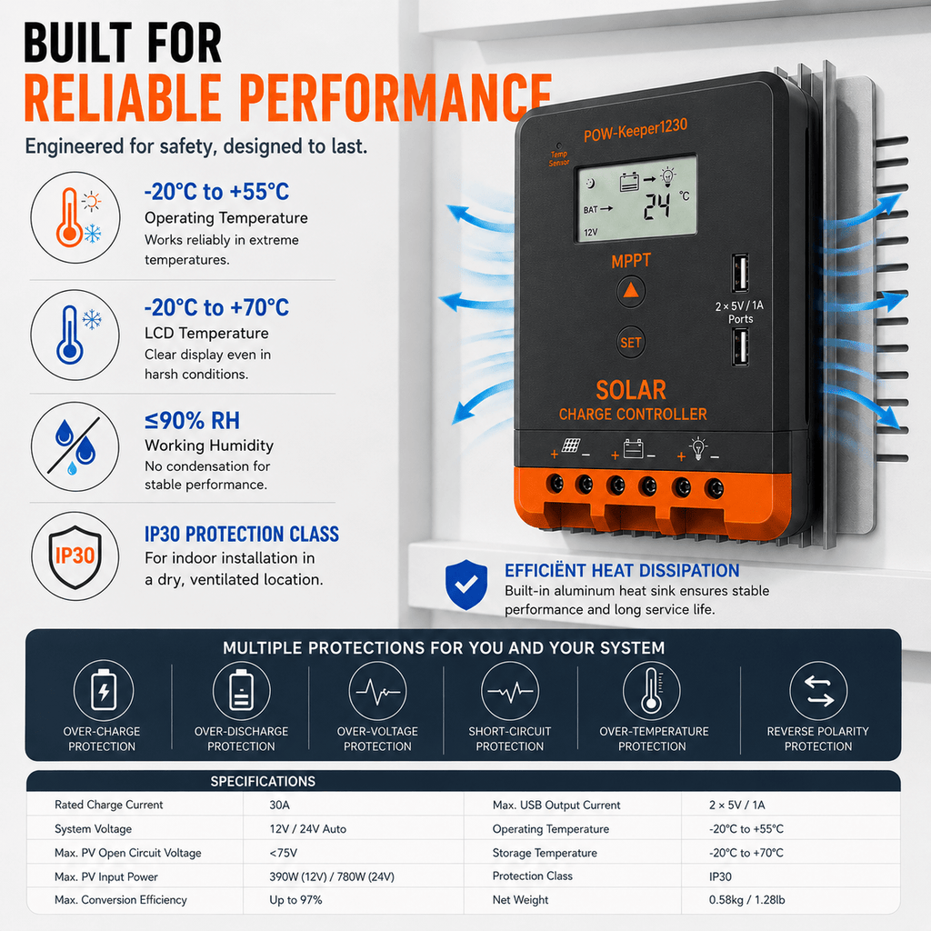 Sunvivae 30A MPPT Solar Charge Controller, 12V/24V Auto, 390W/780W with LCD & Dual USB - Sunvivae