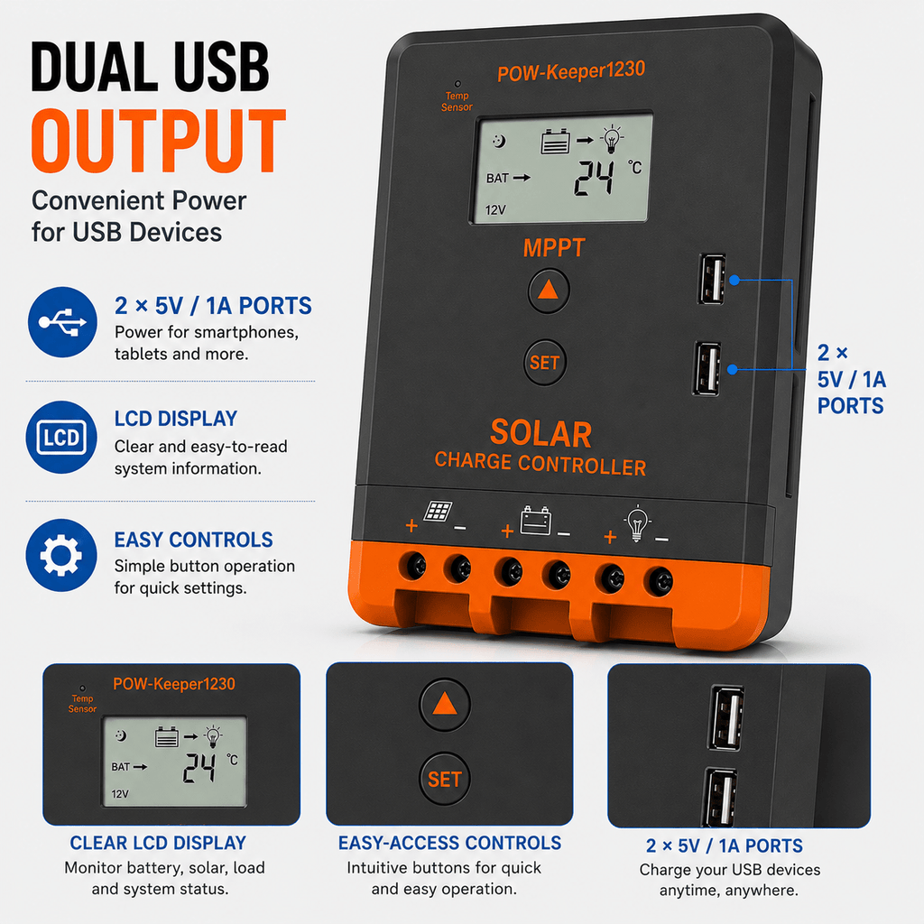 Sunvivae 30A MPPT Solar Charge Controller, 12V/24V Auto, 390W/780W with LCD & Dual USB - Sunvivae