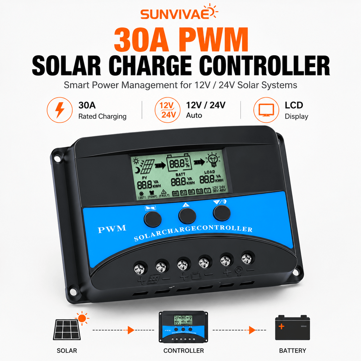 Sunvivae 30A PWM Solar Charge Controller for 12V/24V Batteries with LCD & Dual USB - Sunvivae