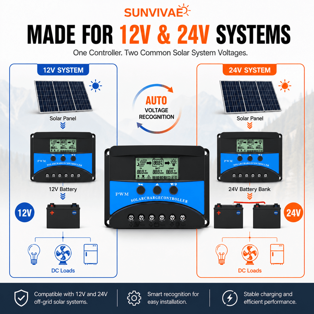 Sunvivae 30A PWM Solar Charge Controller for 12V/24V Batteries with LCD & Dual USB - Sunvivae